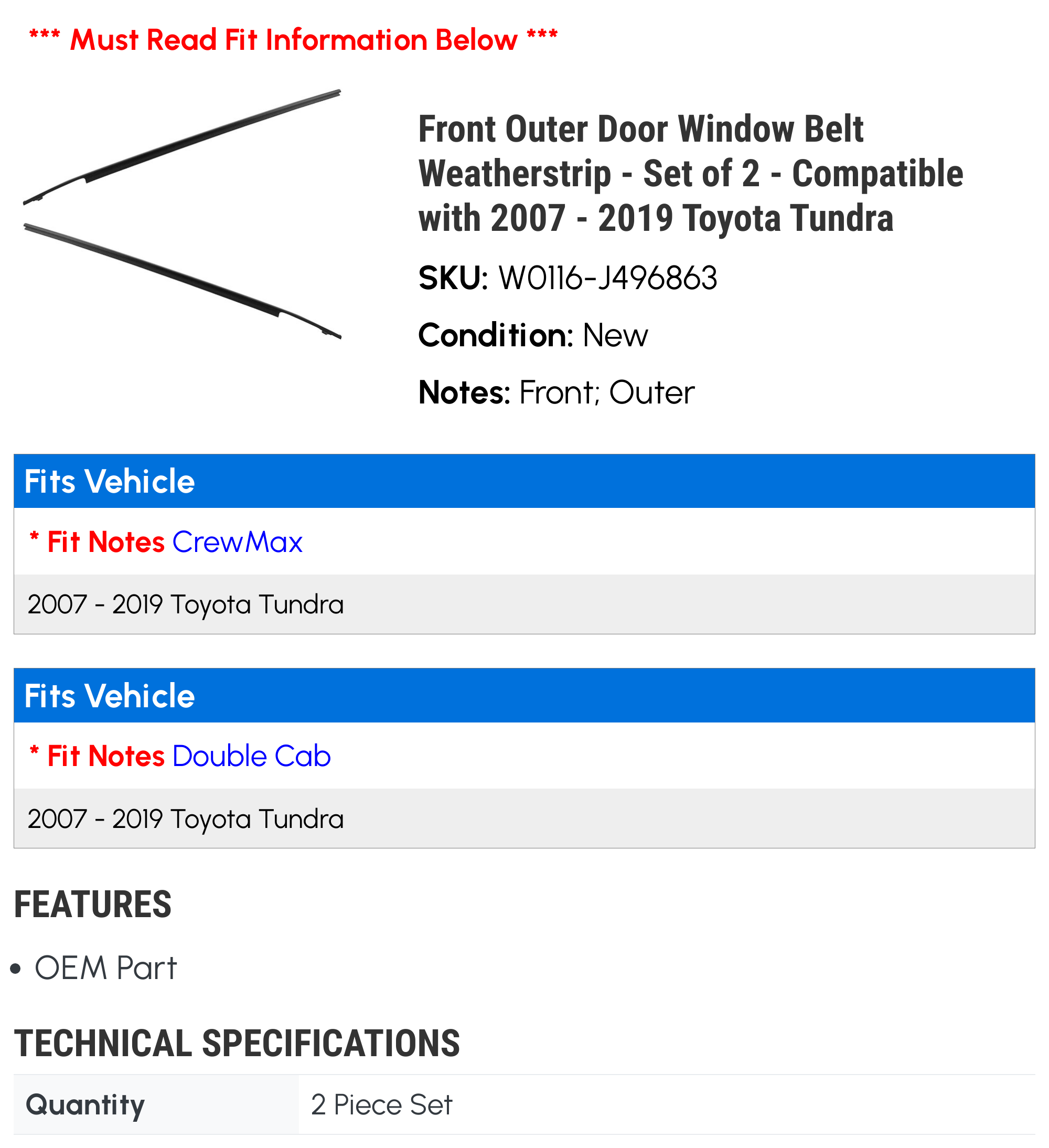 Front Outer Door Window Belt Weatherstrip - Set of 2 - Compatible with 2007 - 2019 Toyota Tundra 2008 2009 2010 2011 2012 2013 2014 2015 2016 2017 2018