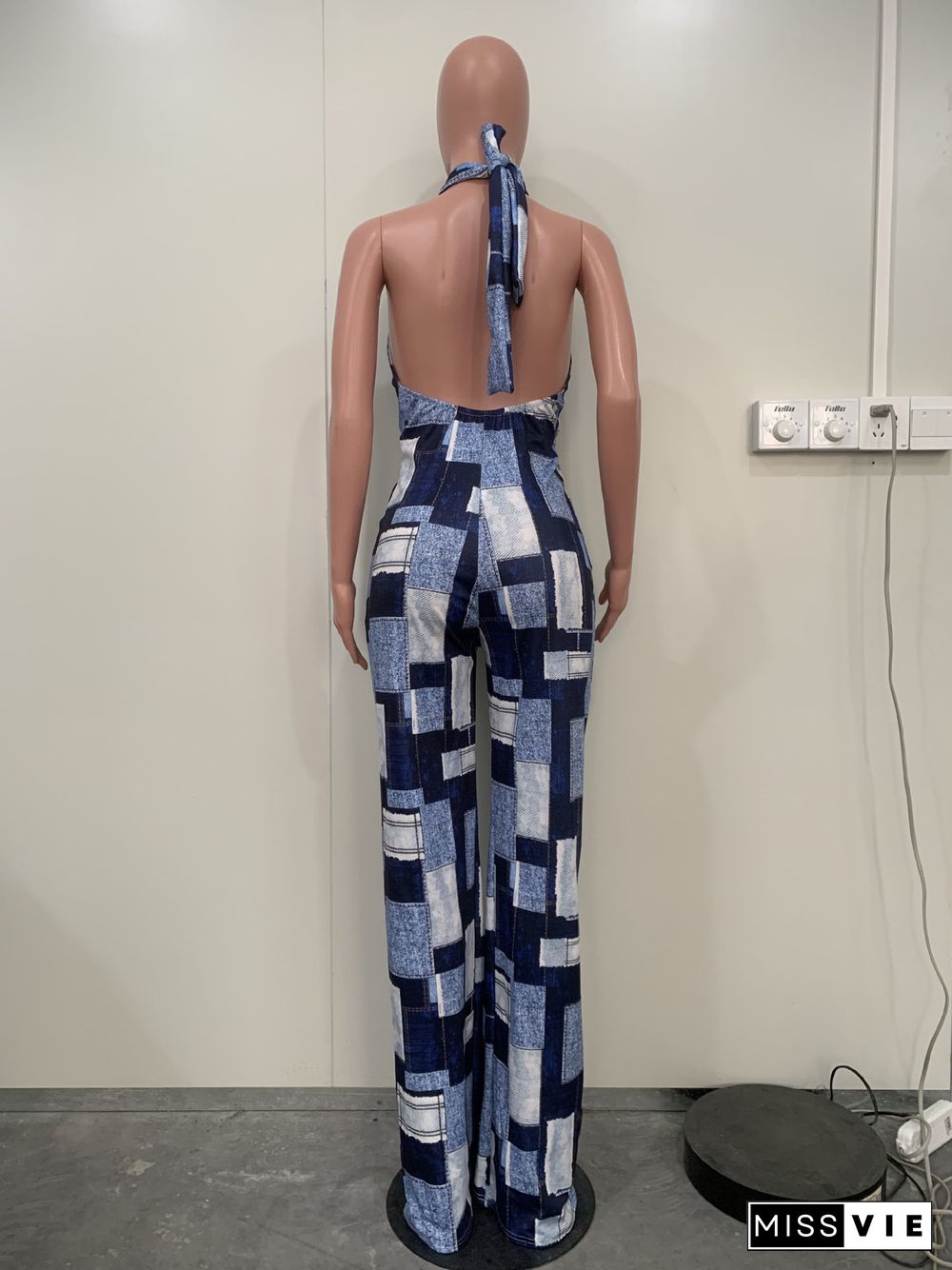 Plaid Patchwork Print Deep V Backless Wide leg Jumpsuit