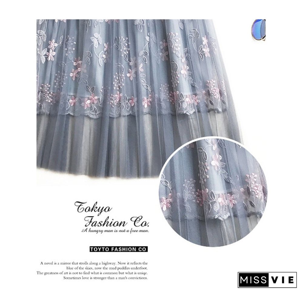 Summer Korean Skirt Heavy Work Embroidered High Waist A Word Long Skirt Fairy Mesh Skirt