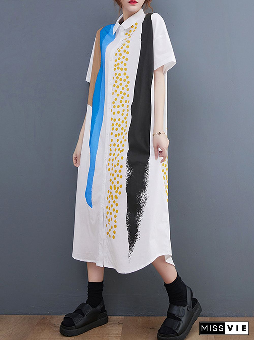 Artistic Retro Short Sleeves Loose Contrast Color Polka-Dot Lapel Collar Midi Shirt Dress