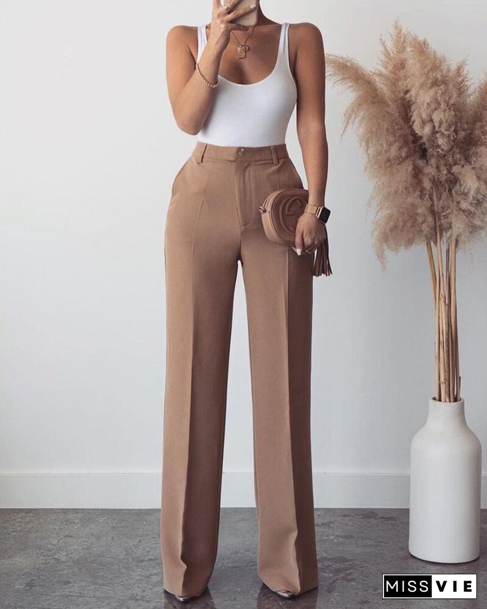 Solid Ribbed Tanks With Solid Loose Straight Leg Pants Suit Sets