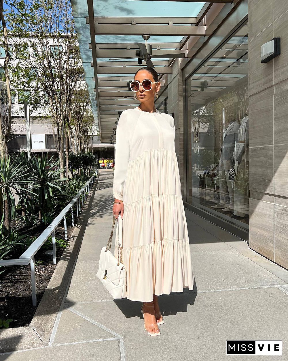 Solid Long Sleeve Loose Fitting Pleated Maxi Dresses