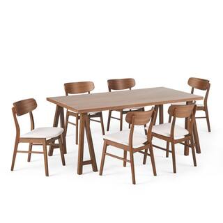 Noble House Lucious 7-Piece Rectangle Wood Top Light Beige and Walnut Standard Height Table Set 83413