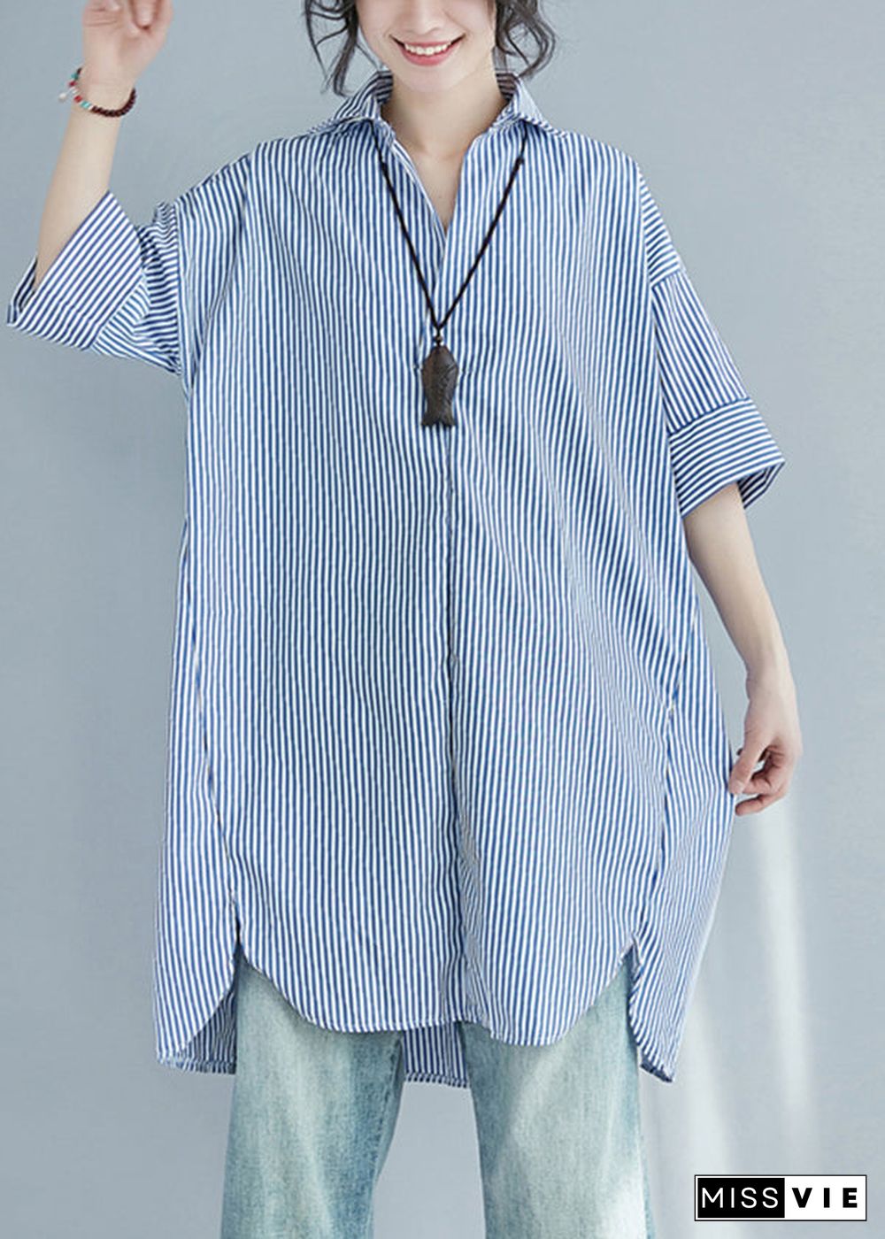 Blue Striped Cotton Shirt Dress Oversized Side Open Summer