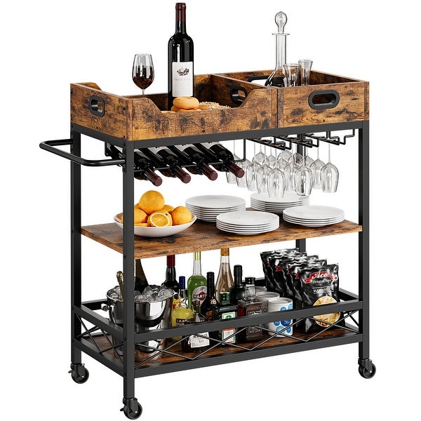 Bar Cart， 3 Tier Bar Carts for The Home，Grey Bar Cart with Wheels， Two Portable Trays， Wine Rack， Glasses Holder