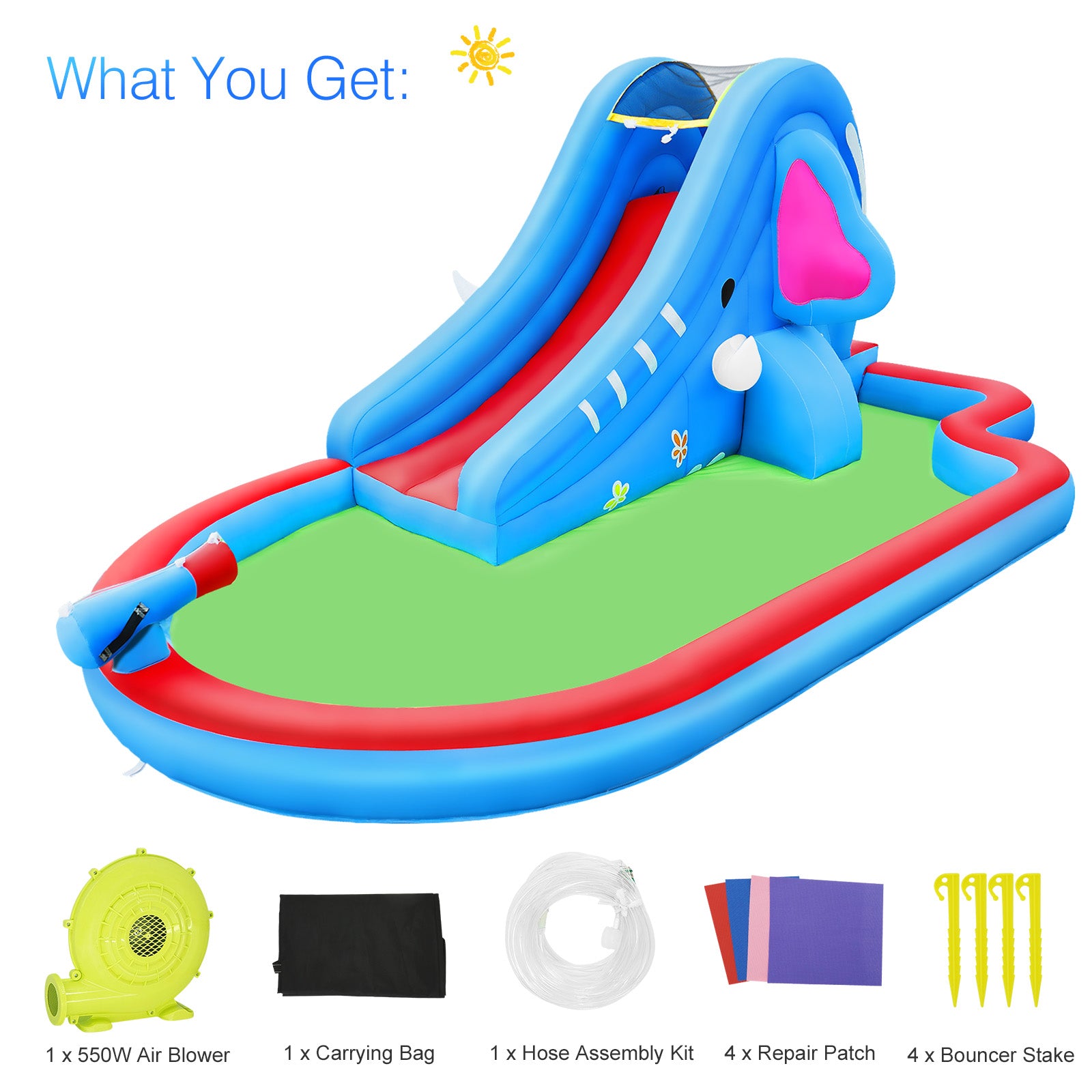 Inflatable pool water slides kids outdoor Inflatable bouncers House w/long slide Climbing Wall & Large Splash Pool, Water Cannons & Hose, Elephant Themed Inflatable Water Park (with 550w Blower)