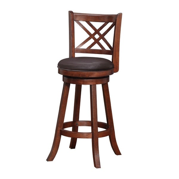 29 Inch Swivel Barstool， Double Cross Back， Wood， Faux Leather， Dark Brown