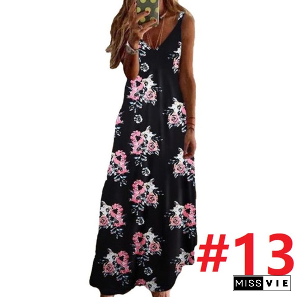 Women's Fashion Summer Sleeveless Floral Printing Sling Dress Deep V-Neck Slim Fit Big Swing Skirts Loose Casual Long Maxi Dresses Ladies Plus Size Party Dresses