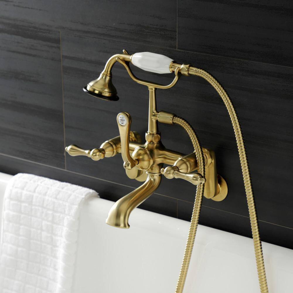 Kingston Brass Aqua Vintage 3-Handle Wall-Mount Clawfoot Tub Faucets with Hand Shower in Brushed Brass HAE51T7