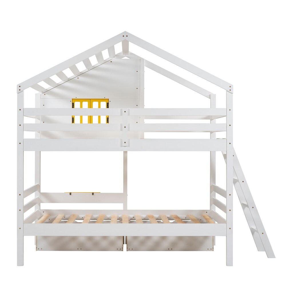 Contemporary Unique Design Twin over Twin Bunk Bed with 2 Drawers  1 Storage Box  1 Shelf and Quality Structure for Bedroom