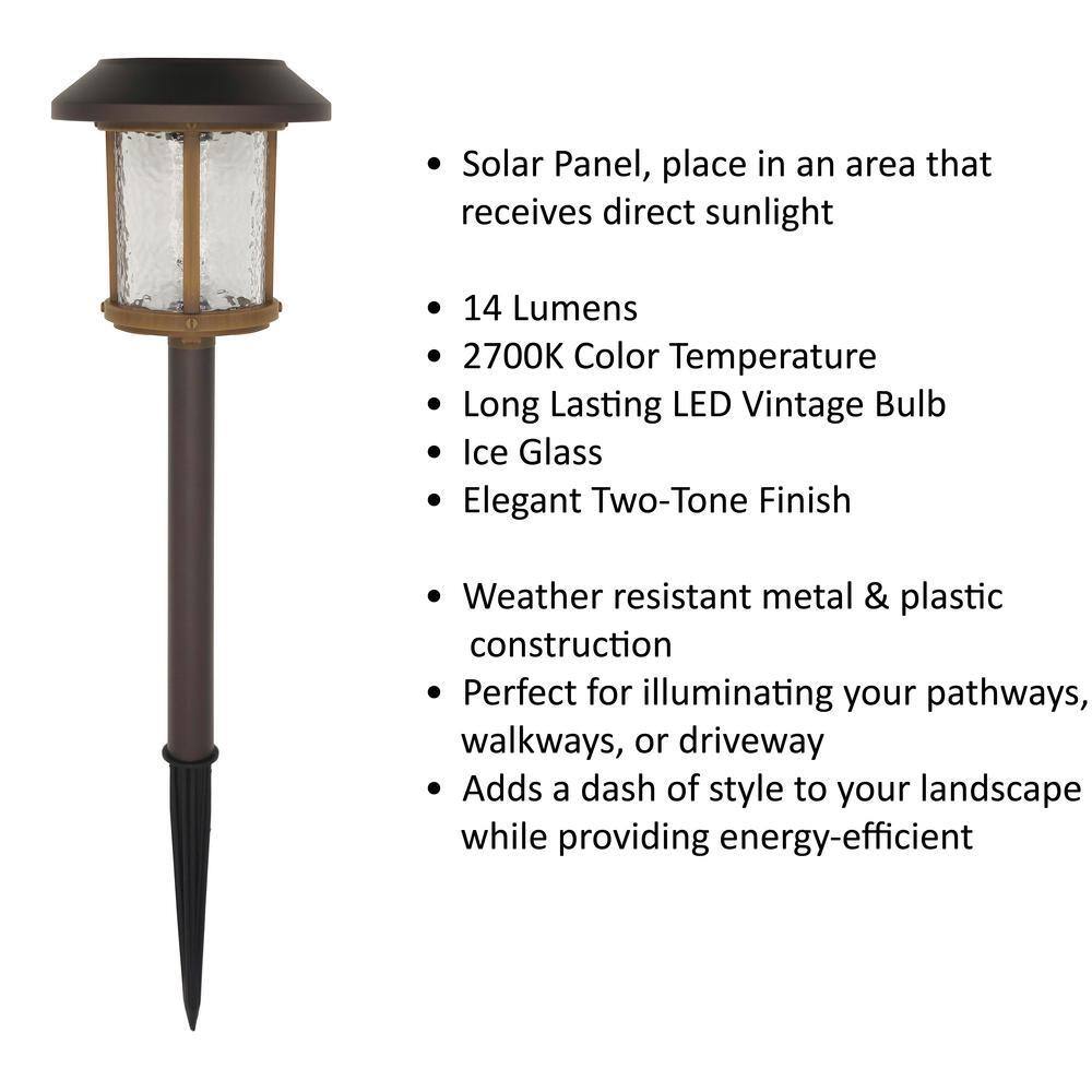 Hampton Bay Lockhart Solar Bronze and Warm Wood LED Path Light 14 Lumens with Ice Glass Lens and Vintage Bulb 2-Tone (4-Pack) P5100-01-06