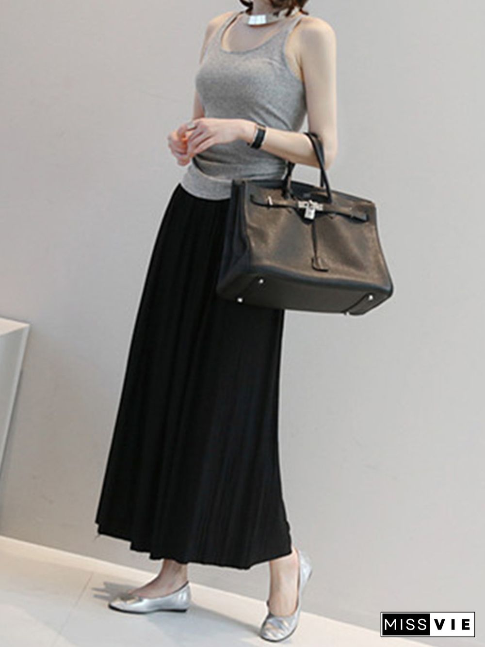 Casual Solid Color Elasticity Waist Pleated Skirts