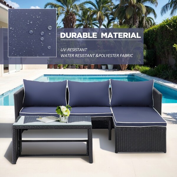 3 Pieces Patio Conversation Set，All Weather Outdoor PE Rattan Wicker Furniture Set with Cushions，Tempered Glass Coffee Table