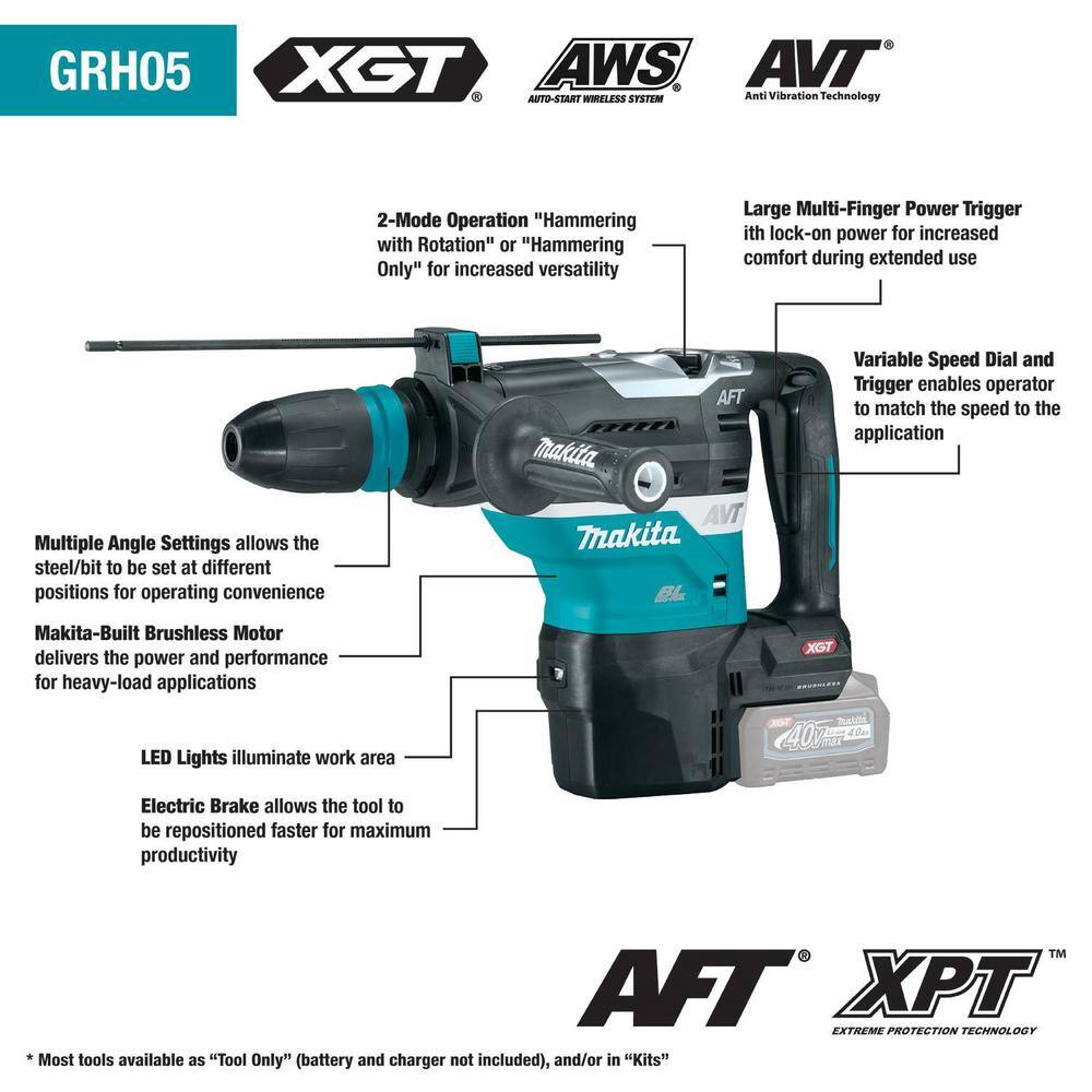 Makita 40V Max XGT Brushless Cordless 1-916 in. AVT Rotary Hammer Kit AFT AWS Capable (4.0Ah) GRH05M1