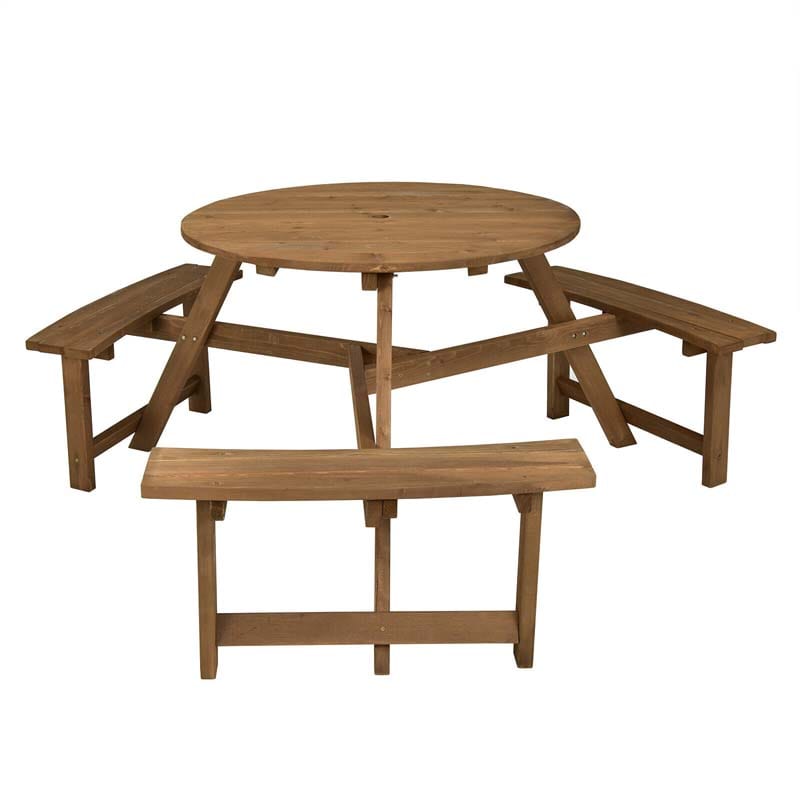 6-Person Round Wooden Picnic Table Bench Set with Umbrella Hole, DIY Paint Outdoor Patio Dining Table Set