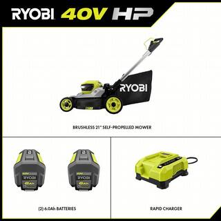 RYOBI 40V HP Brushless 21 in. Cordless Battery Walk Behind Self-Propelled Lawn Mower with (2) 6.0 Ah Batteries and Charger RY401140