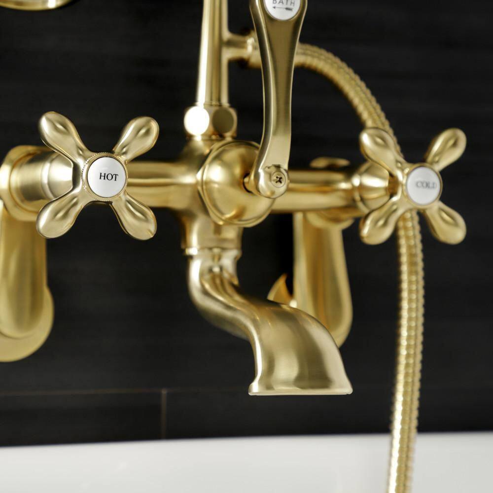 Kingston Brass Aqua Vintage 2-Handle Wall-Mount Clawfoot Tub Faucets with Hand Shower in Brushed Brass HAE57T7