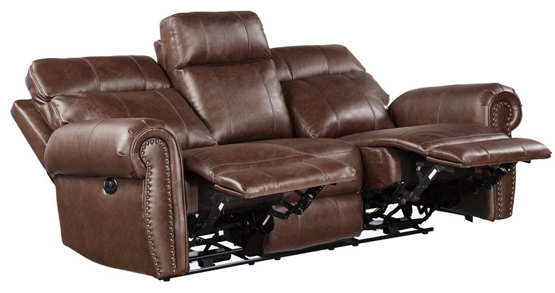 Pemberly Row Microfiber Upholstered Power Reclining Sofa in Brown   Transitional   Sofas   by Homesquare  Houzz