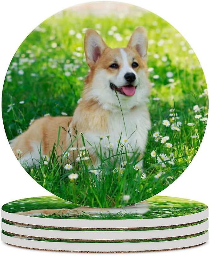 2pcs Round Pembroke Welsh Corgi On Green Grass Ceramic Coasters With Cork-backed For Coffee Drink Cup Mat Absorbent Stone Coasters