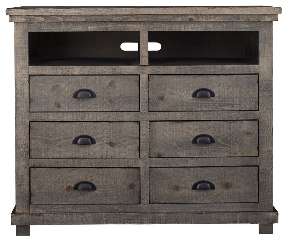 Rustic TV Media Console  Drawers With Inverted Cup Shaped Pulls  Weathered Gray   Rustic   Entertainment Centers And Tv Stands   by Declusia  Houzz