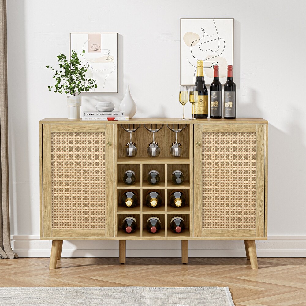 Anmytek Oak Rattan Wine Bar Cabinet 2 Door Farmhouse Liquor Cabinet with Wine Rack and Glass Holder Buffet Sideboard