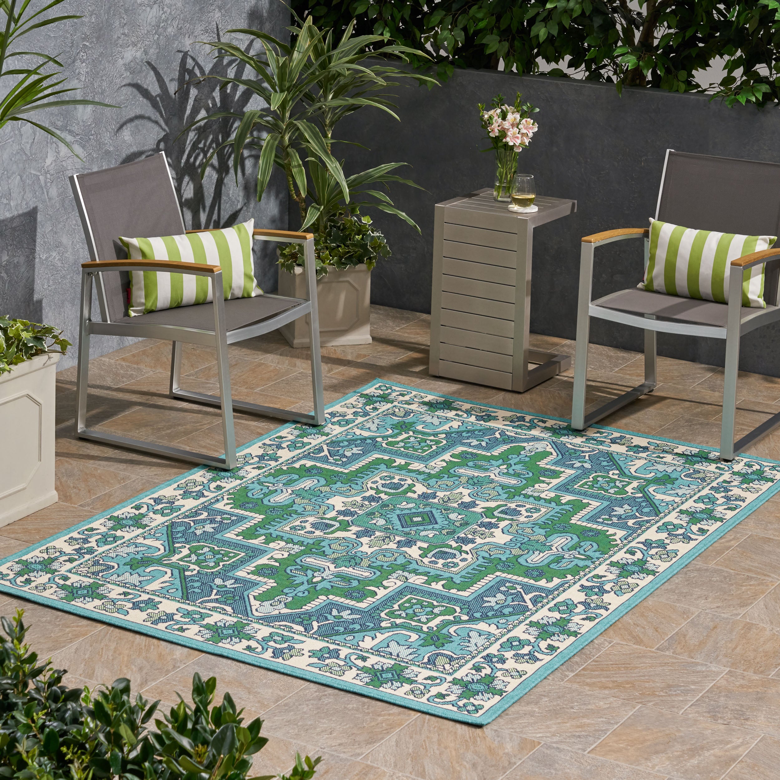 Halston Outdoor Oriental Area Rug, Ivory and Blue