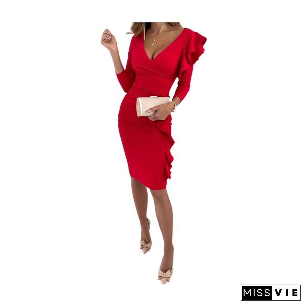 Women Bodycon Dress Popular Autumn Winter V-neck Ruffle Slim Fit Ruffle Hip Wrap Dress Women Long Sleeve Dress Vestidos