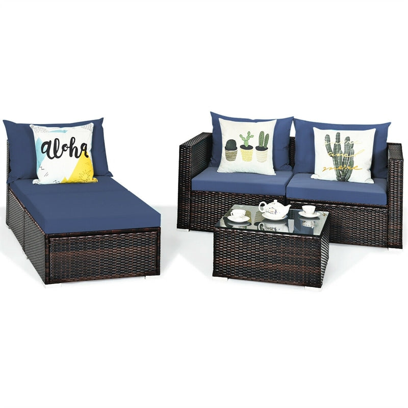 5 Pcs Rattan Wicker Outdoor Patio Sectional Furniture Set with Coffee Table & Cushions