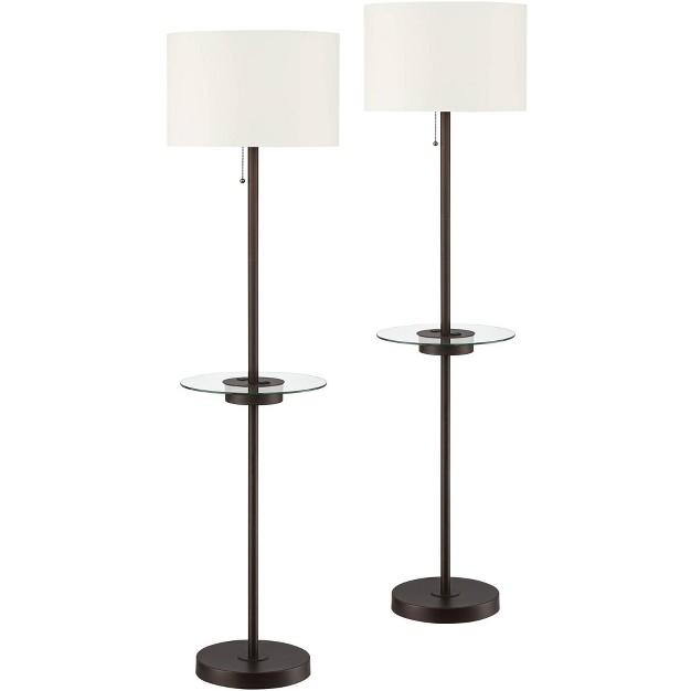 Tall Set Of 2 Bronze Usb And Outlet Off White Fabric Drum Shade For Living Room Bedroom