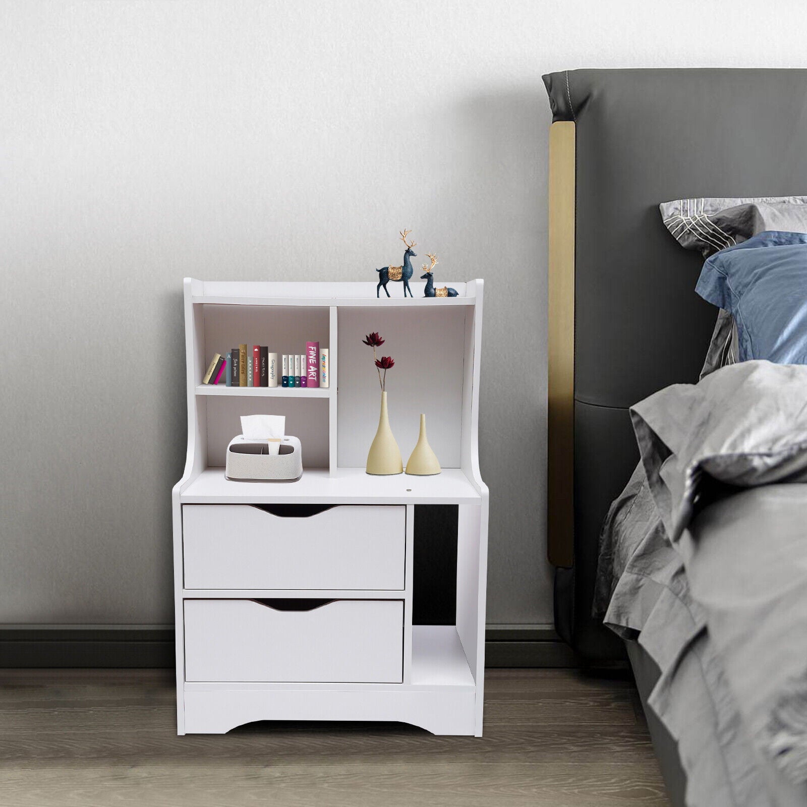 Flkoendmall 2 Drawers Bedside Table Cupboard Cabinet Nightstand Storage End Table White