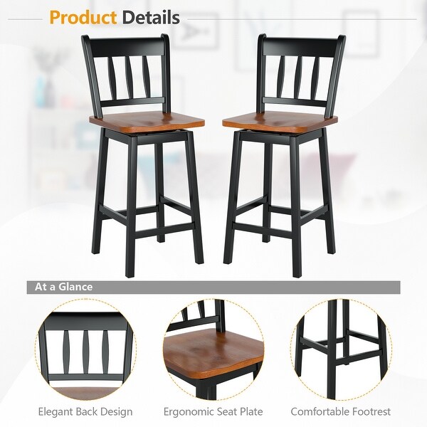 Set of 2 Bar Stools Wood Counter Height Bar Chairs Swivel Barstools