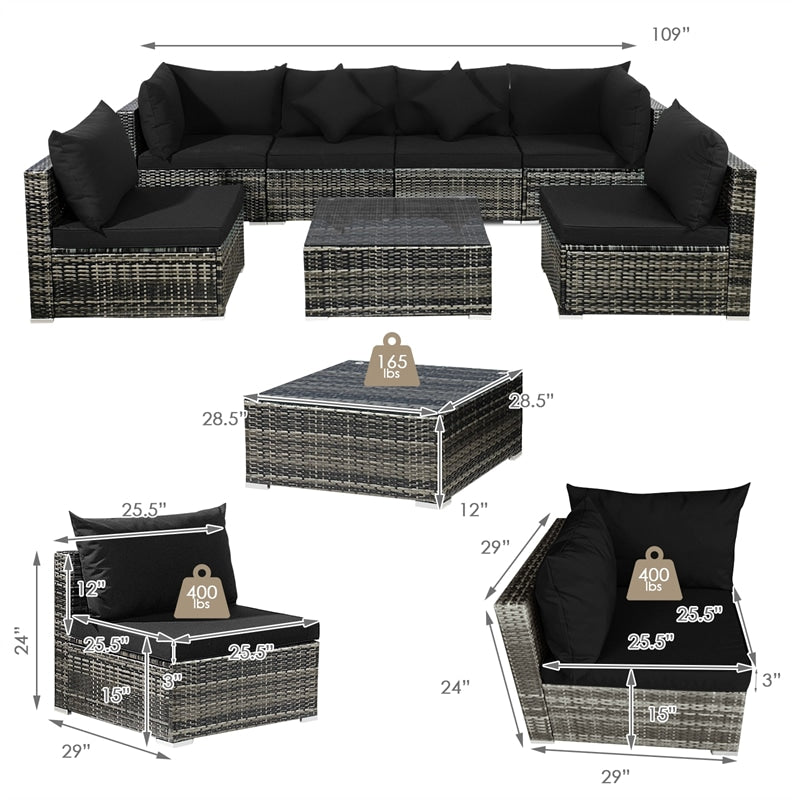 7 Pcs Rattan Patio Sectional Couch Set Outdoor Wicker Furniture Set with Cushions & Coffee Table