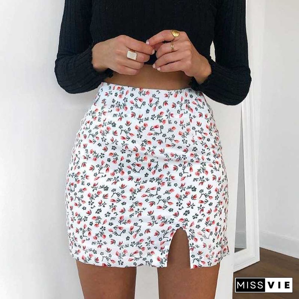 Slimming High Waisted Short Floral Skirt With Slit