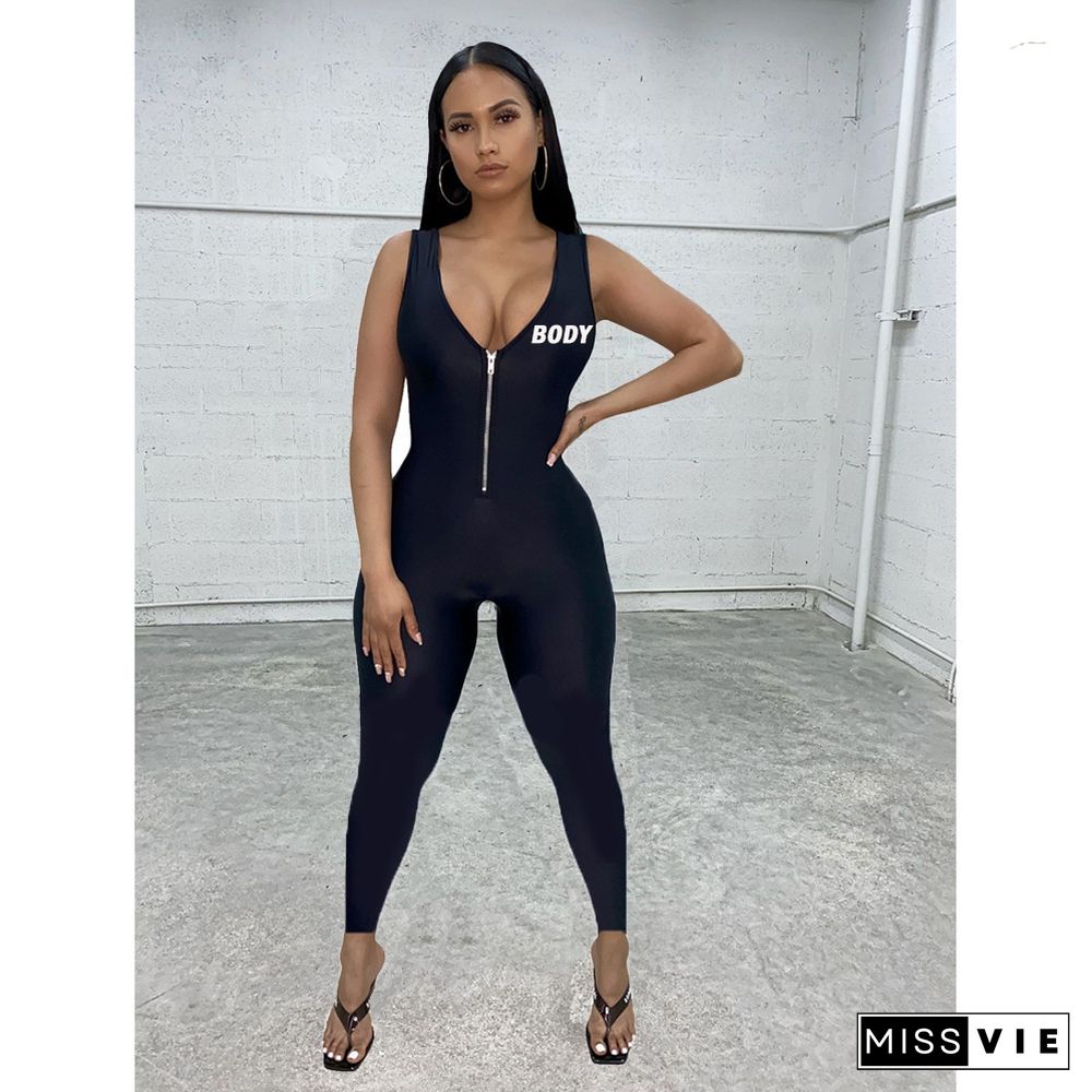 V neck Zipper Sleeveless Bodycon Gym Sports Jumpsuit