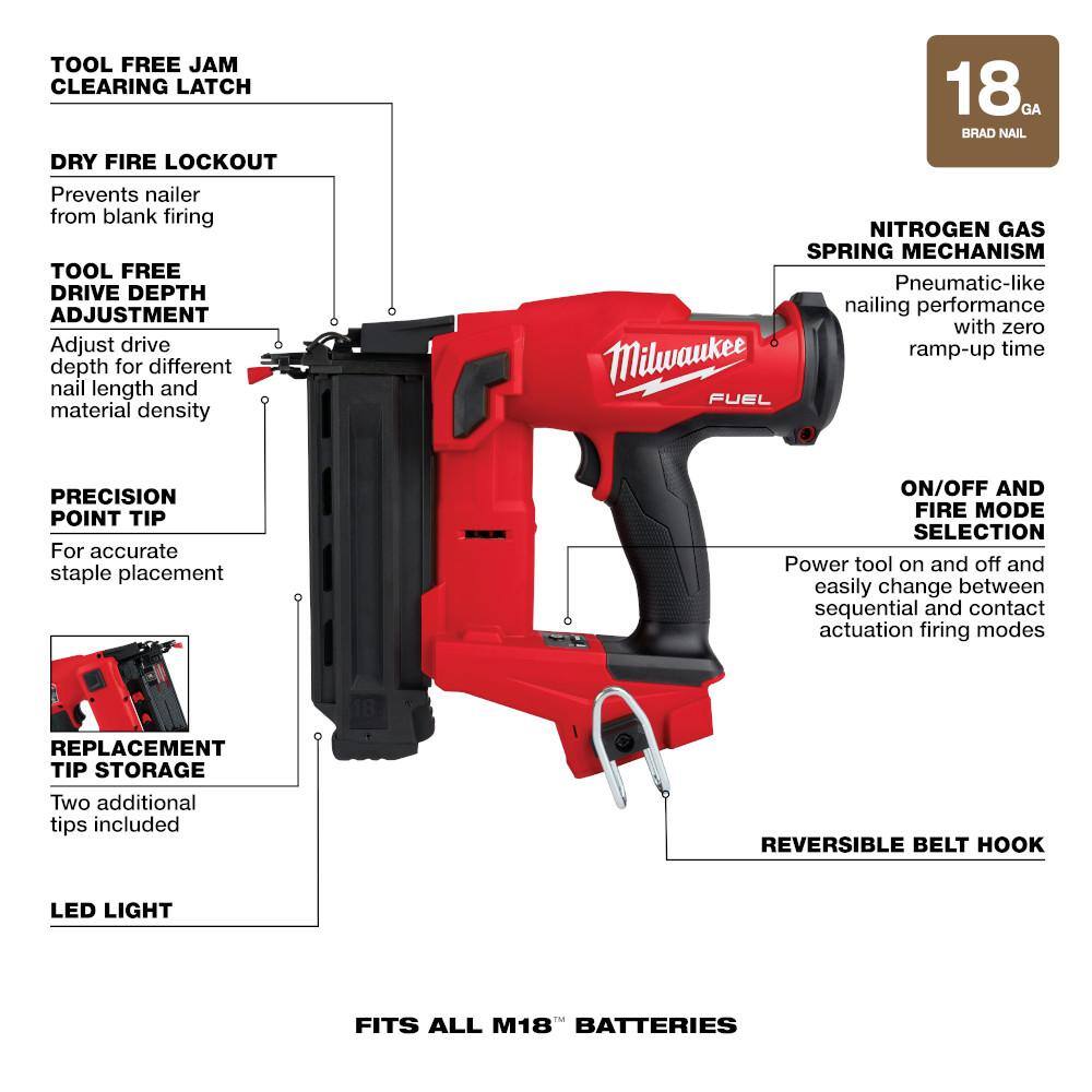 MW M18 FUEL 18-Volt Lithium-Ion Brushless Cordless Gen II 18-Gauge Brad Nailer with HIGH OUTPUT XC 8.0 Ah Battery 2746-20-48-11-1880