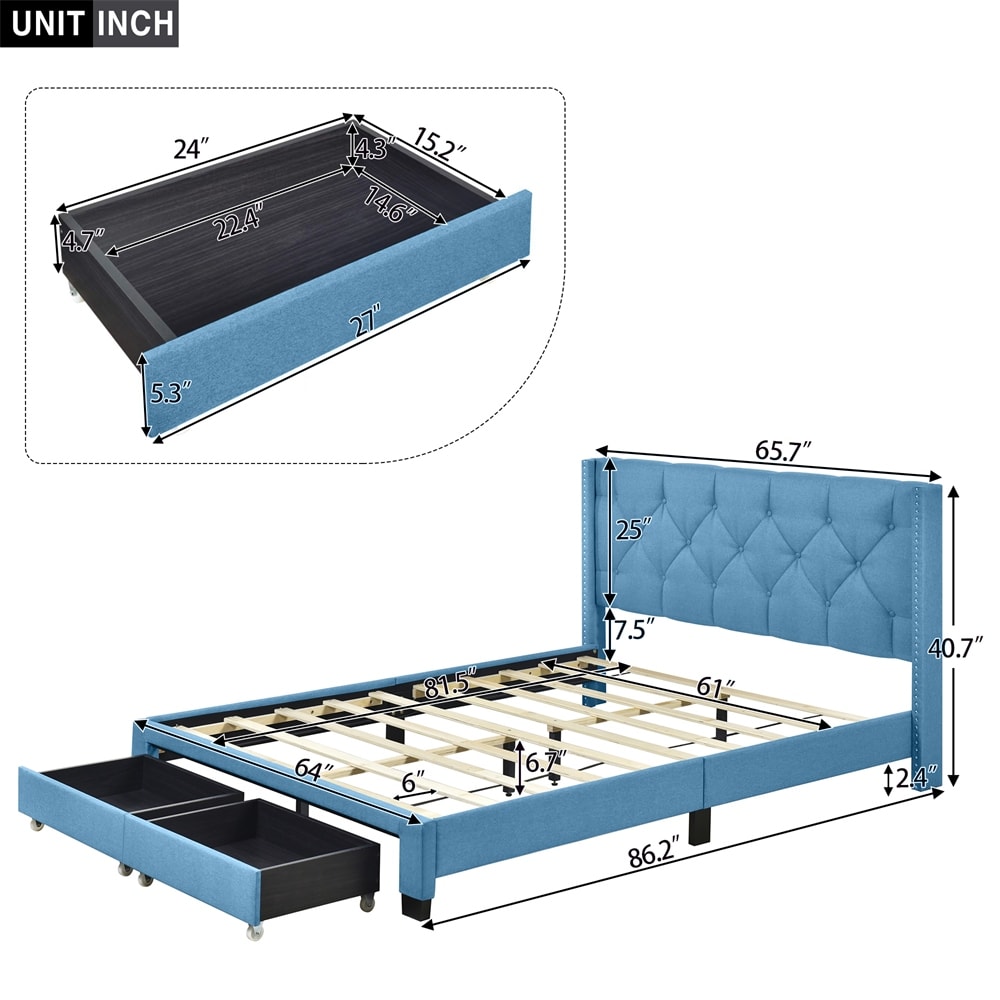 Queen Size Storage Bed Linen Upholstered Platform Bed with Two Drawers