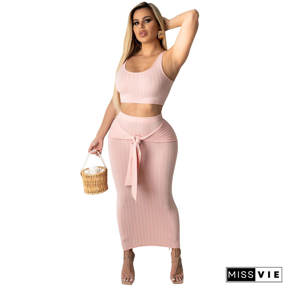 Women Summer Clothing Solid Sleeveless Vest Crop Top Bodycon Long Skirts Sexy Club Party Two Piece Set