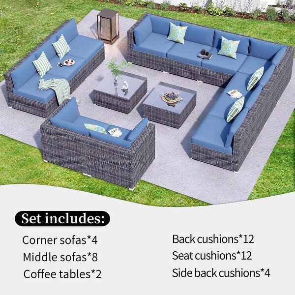 OVIOS 14piece Deep Seat Wicker Conversation Sectional Set with Glasstop Table