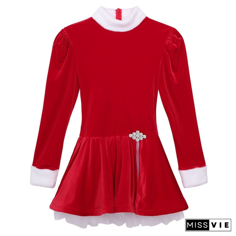 Women's Santa Christmas Party Dress Outfit Figure Ice Skating Ballet Dance Velvet Leotard Skirted