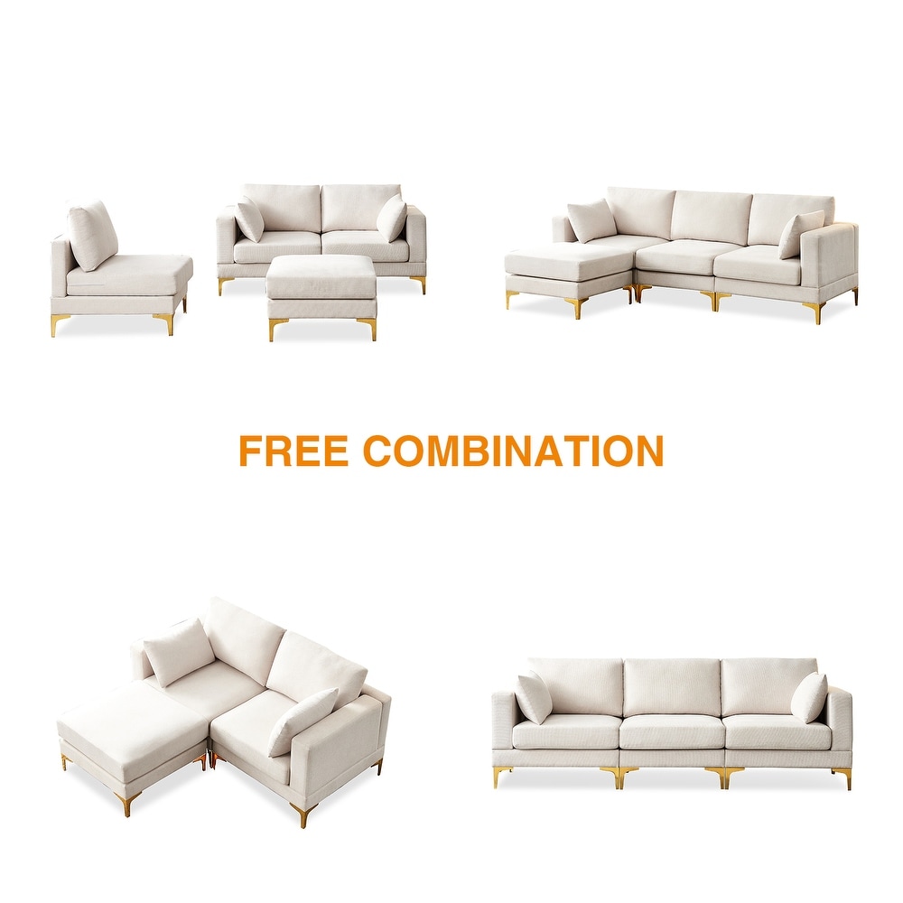 Modern L shape Free Sectional Sofa Polyester Three Seat Couch with Ottoman