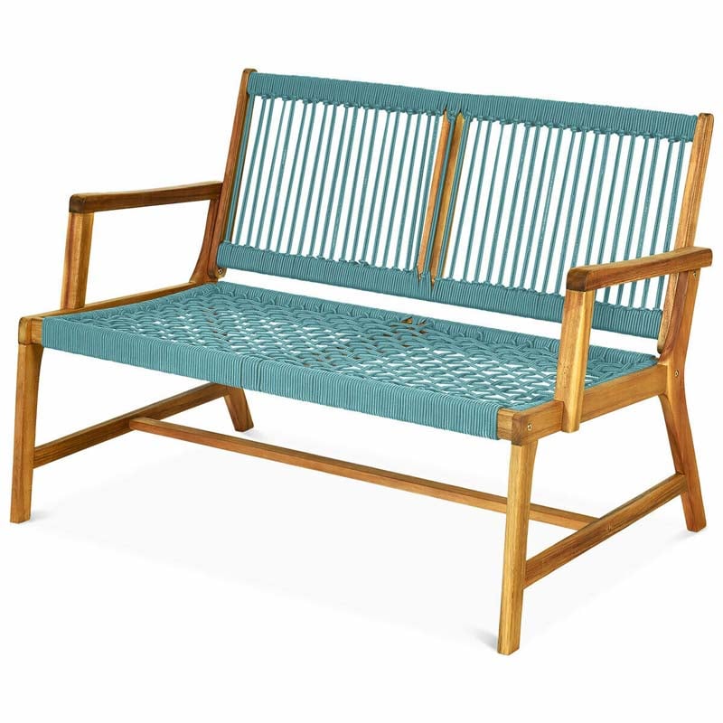 2-Person Acacia Wood Rope Bench Loveseat Chair, Outdoor Patio Garden Park Bench in Teak Oil Finish