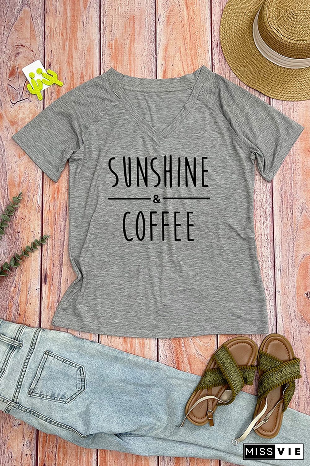 Sunshine and Coffee Print V Neck Graphic Tee