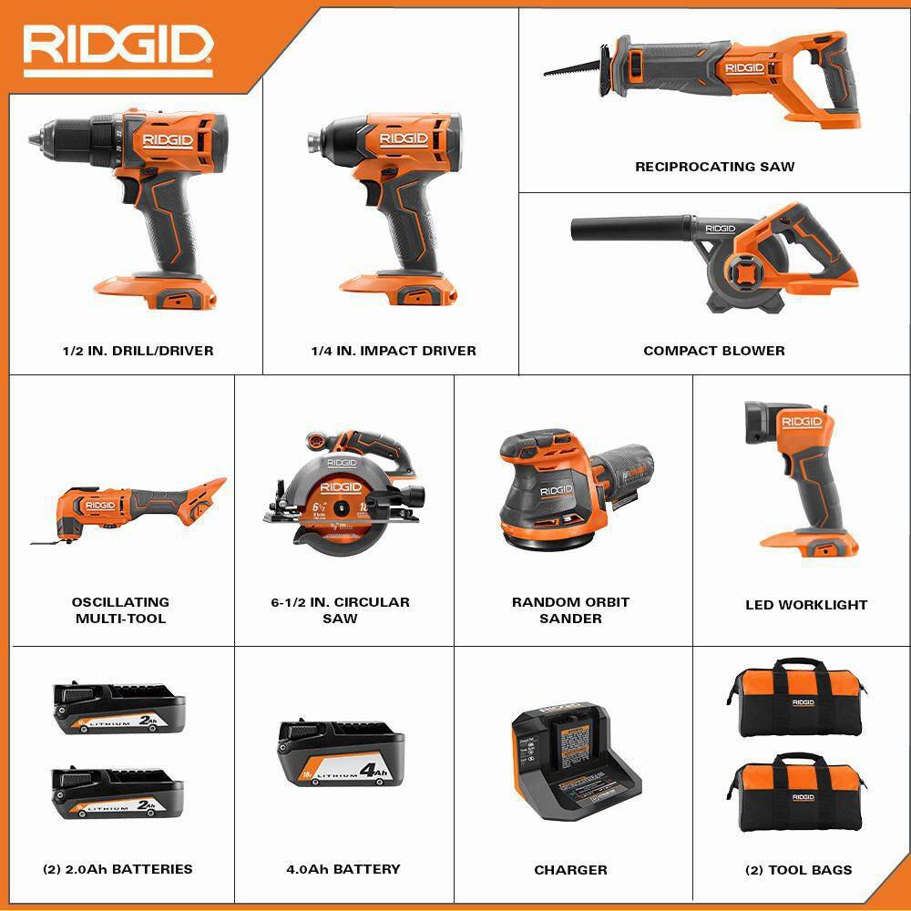 RIDGID 18V Cordless 8-Tool Combo Kit with (3) Batteries Charger and Bag with 18V 38 in. Ratchet R96258-R866011B