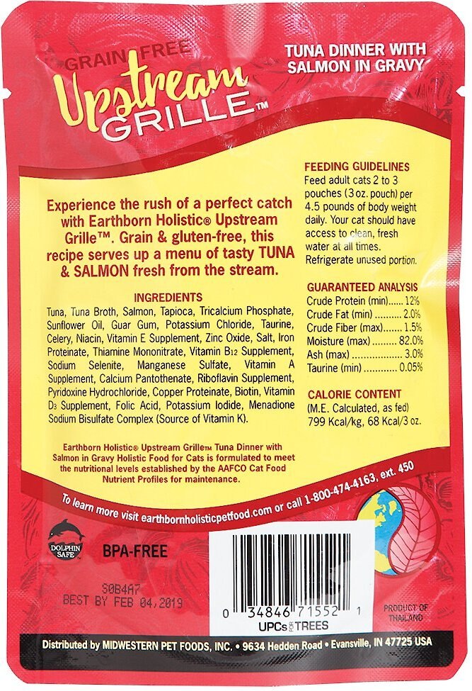 Earthborn Holistic Upstream Grille Tuna Dinner with Salmon in Gravy Grain-Free Cat Food Pouches