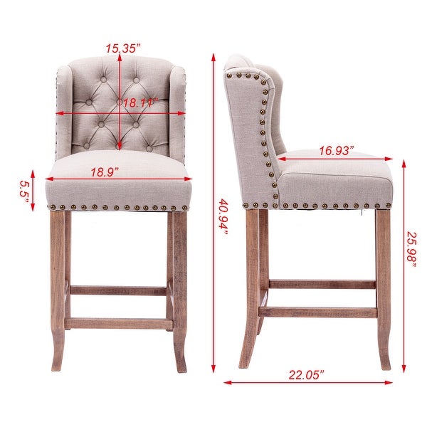 26 Inches Counter Height Bar Chairs Set of 2，Wing Back Farmhouse Nailhead Trim Upholstered Bar stools in Cream