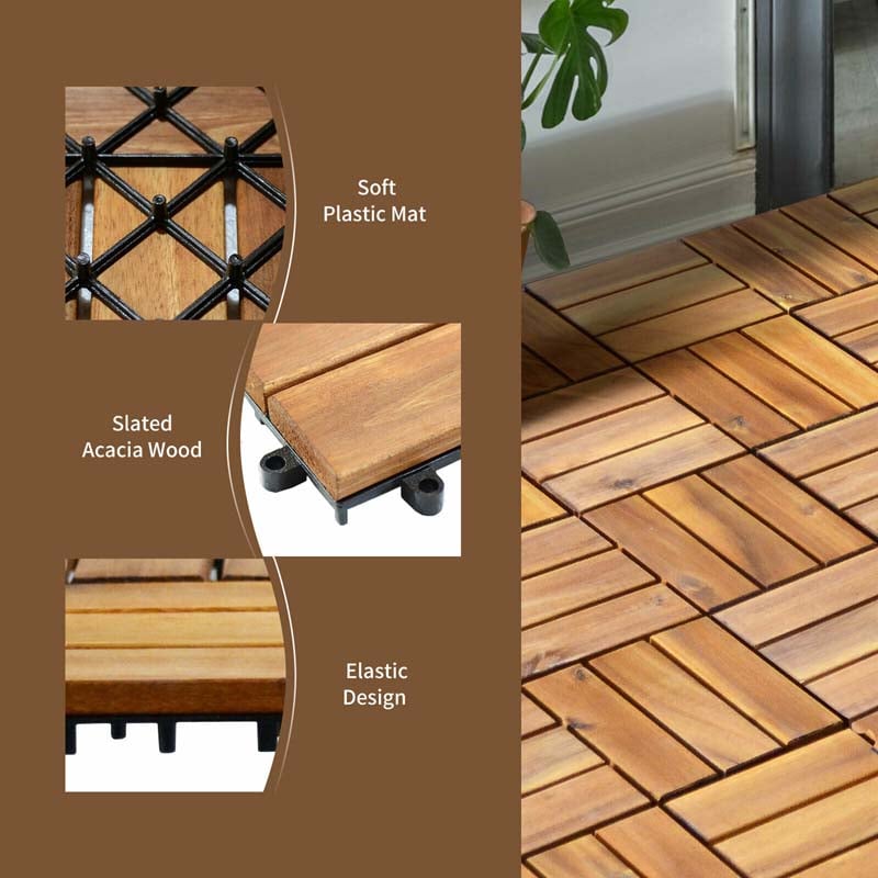 27 Pcs Interlocking Patio Deck Tiles, 12 x 12in Acacia Wood Floor Tiles, 27 sq. Ft Wood Composite Deck Flooring Pavers