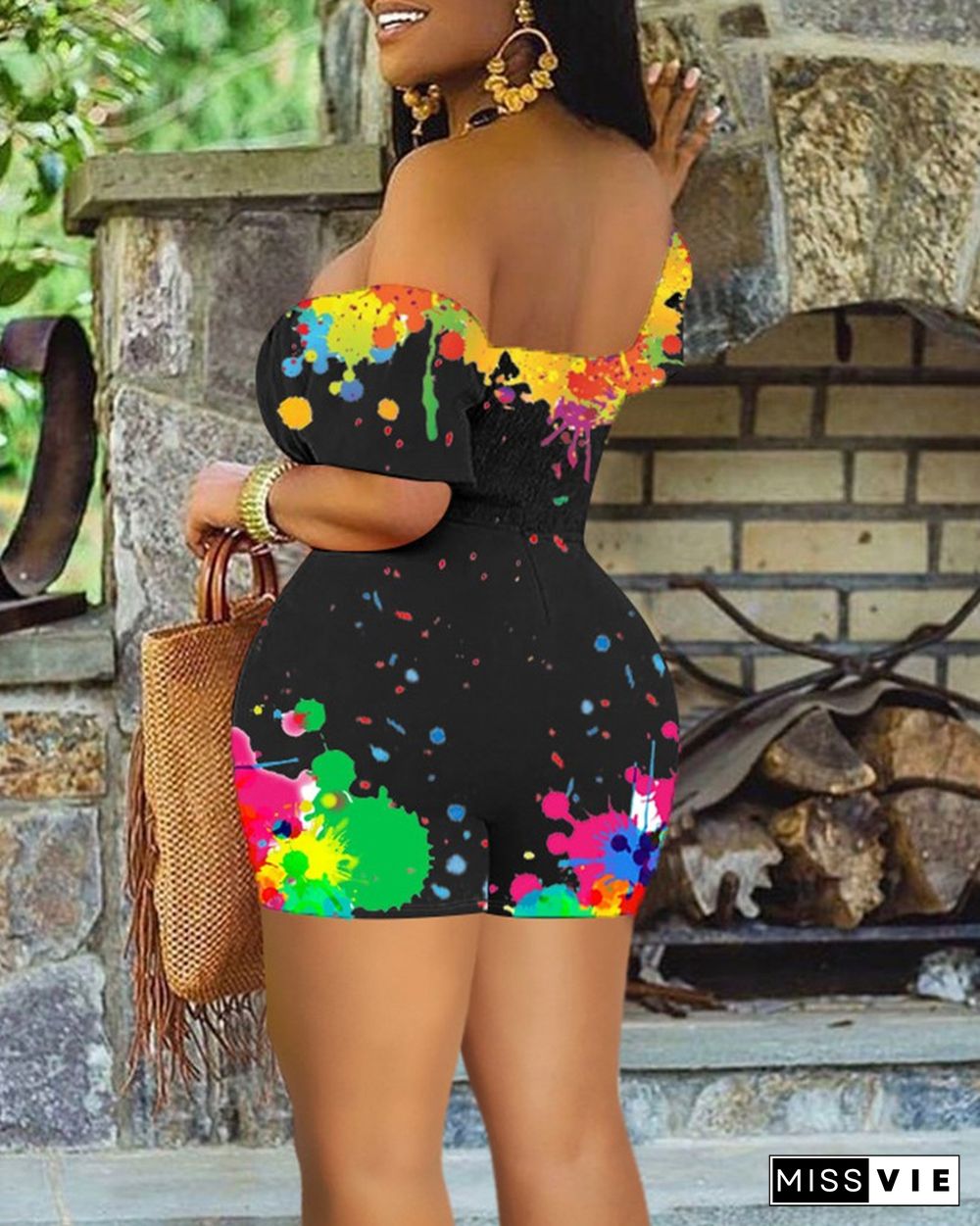 Ink Splash Off Shoulder Tie Front Cut-out Shirred Romper