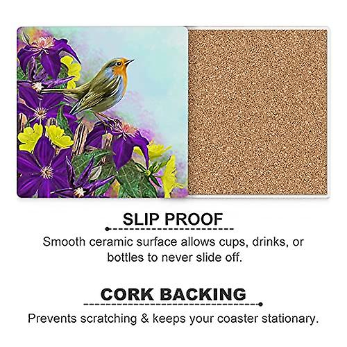 Colourlife Bird On Blooming Purple Flower Printed Square Ceramic Coaster For Drinks With Cork Base For Coffee Cups Place Mats For Home Decor Set Of 4