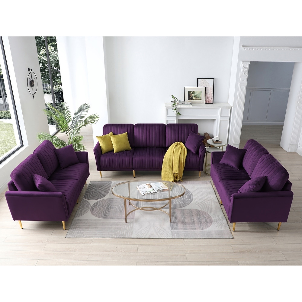 3 Piece Velvet Living Room Sofa Set with 2 Loveseats   1 3 seater Sofa  Modern Tufted Upholstered Sofa Couch Sets with Pillows