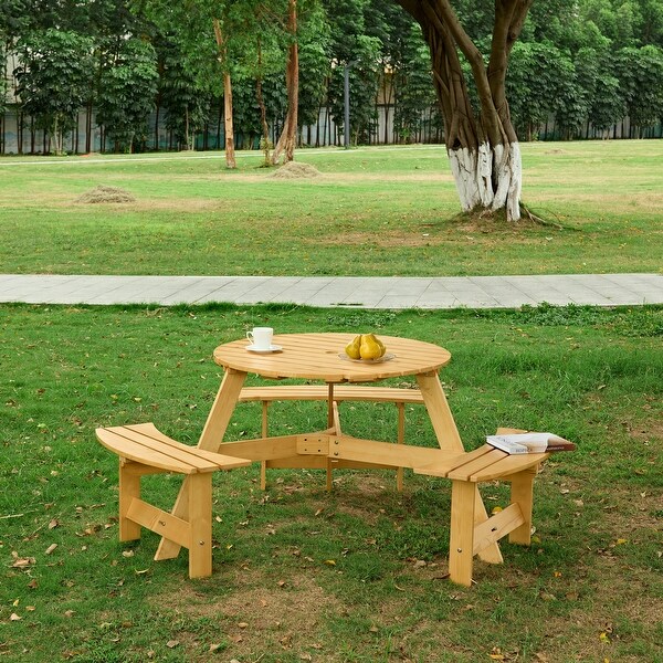 Outdoor 6 Person Picnic Table，6 person Round Picnic Table with 3 Builtin Benches，Umbrella Hole for Garden，Backyard